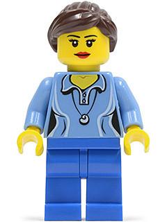 LEGO Minifigure-Medium Blue Female Shirt with Two Buttons and Shell Pendant, Blue Legs, Dark Brown Ponytail and Swept Sideways Fringe-Town-TWN213-Creative Brick Builders
